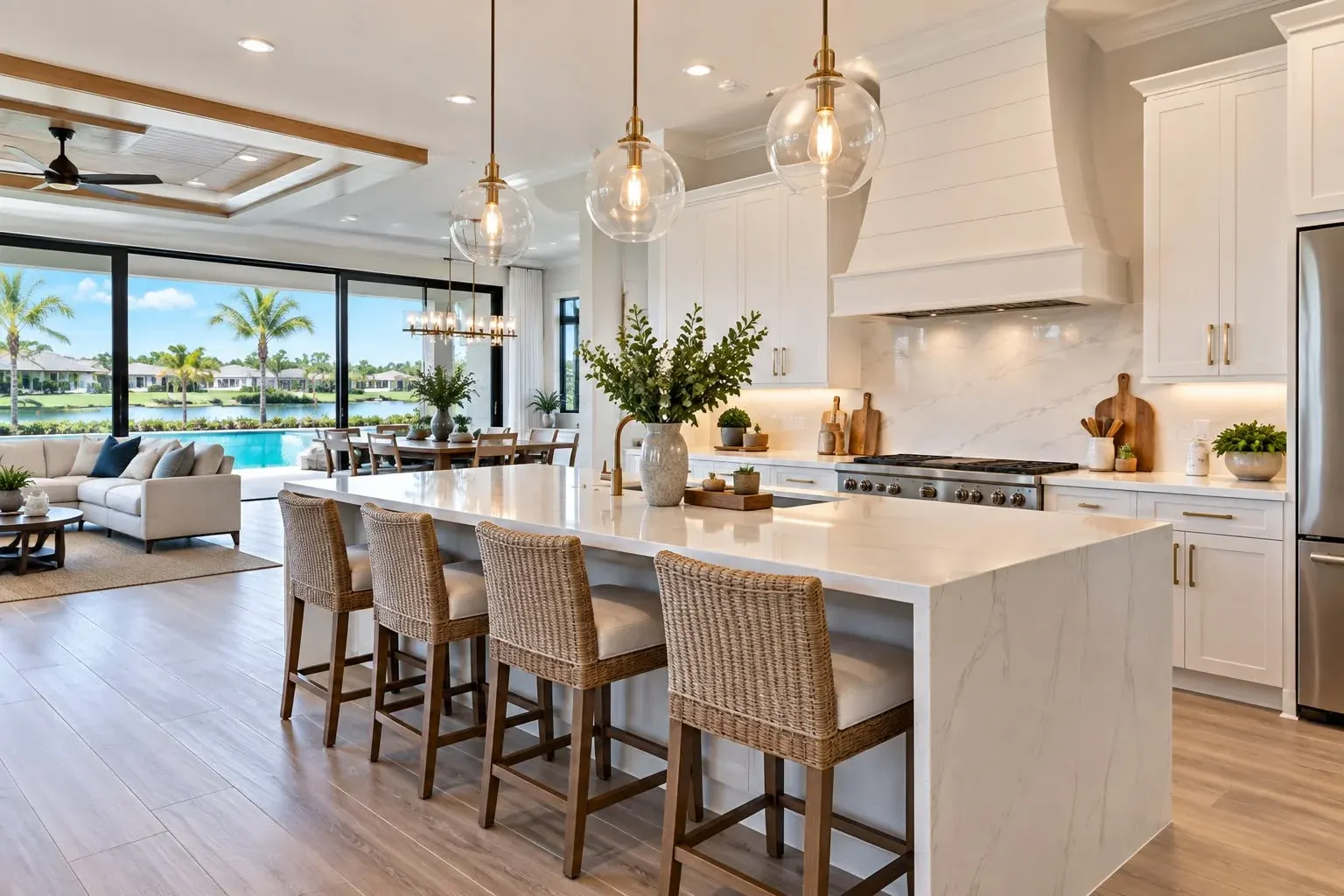 A lakeside home with a screened lanai facing open water at dusk