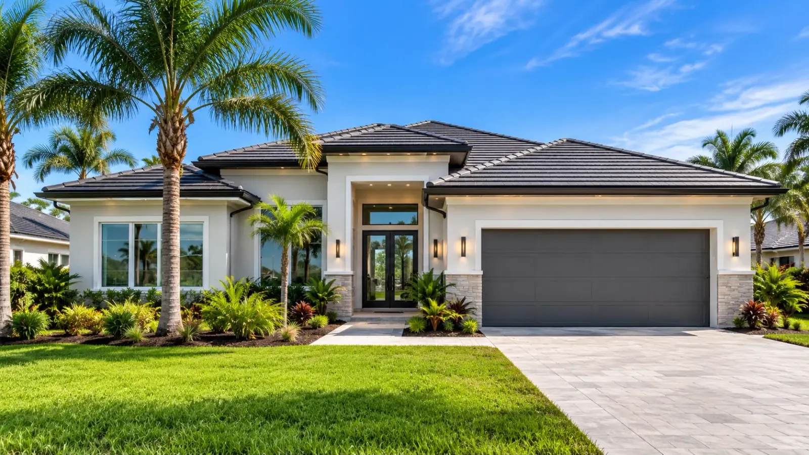 A tree-lined residential street of two-storey homes on a bright Central Florida morning